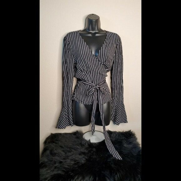 Three Dots Striped Wrap Top Bell Sleeve - Picture 1 of 4